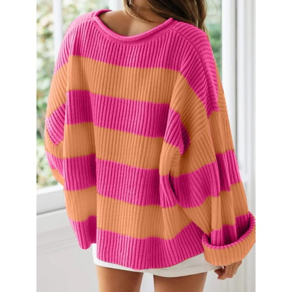 Women's Pink Orange Pullover Drop Shoulder Long Sleeve Retro Stripe Fall Sweater - Picture 3 of 3